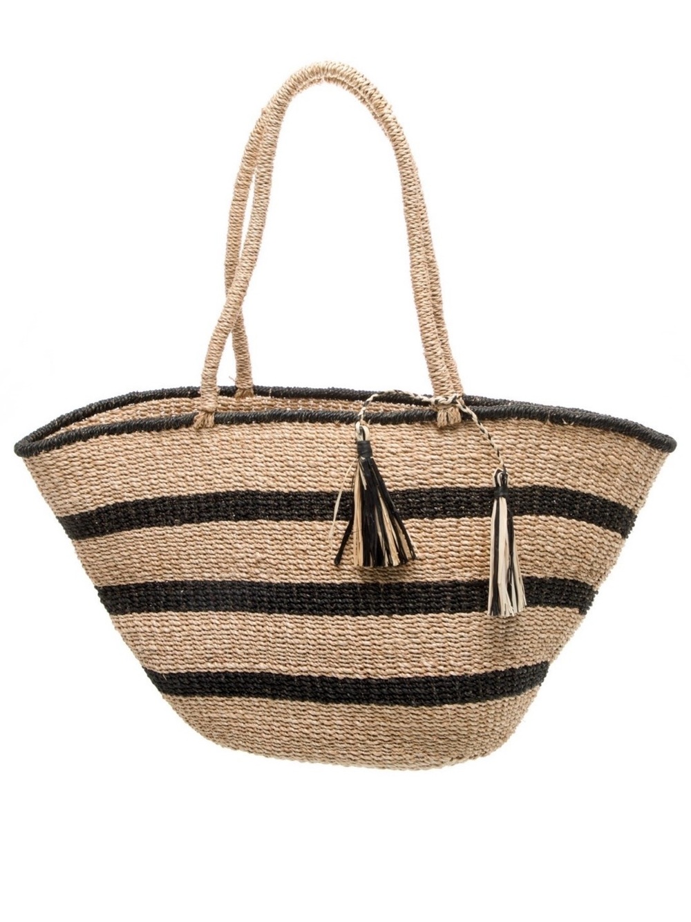 KAYU Striped Straw Tote Bag with Tassels, KAYU beach bag